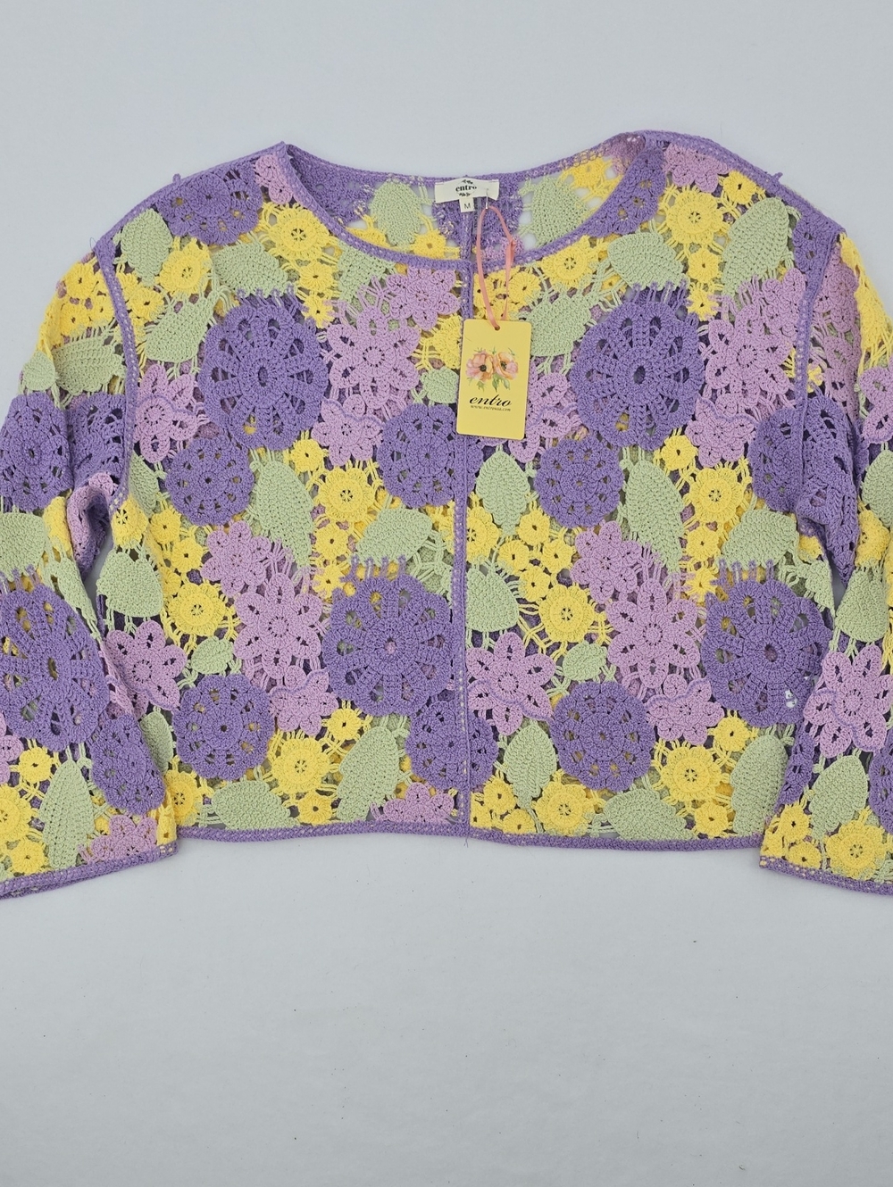 Entro Crochet Floral Openwork Oversized Crop Sweater